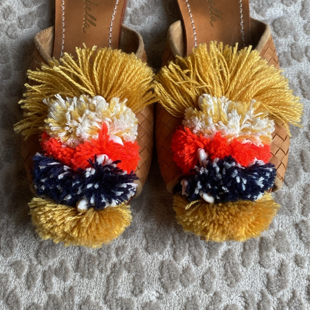 Cleobella Handmade Pom Pom Leather Multicolored Sandal Slides, size 38/US 8 - Picture 2 of 8